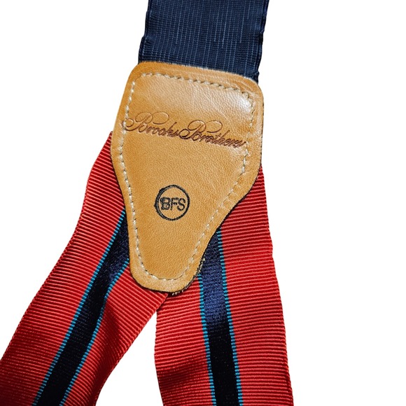 Brooks Brothers Mens Stripe Suspenders Red Blue Leather Accent Adjustable Dapper - Picture 2 of 4